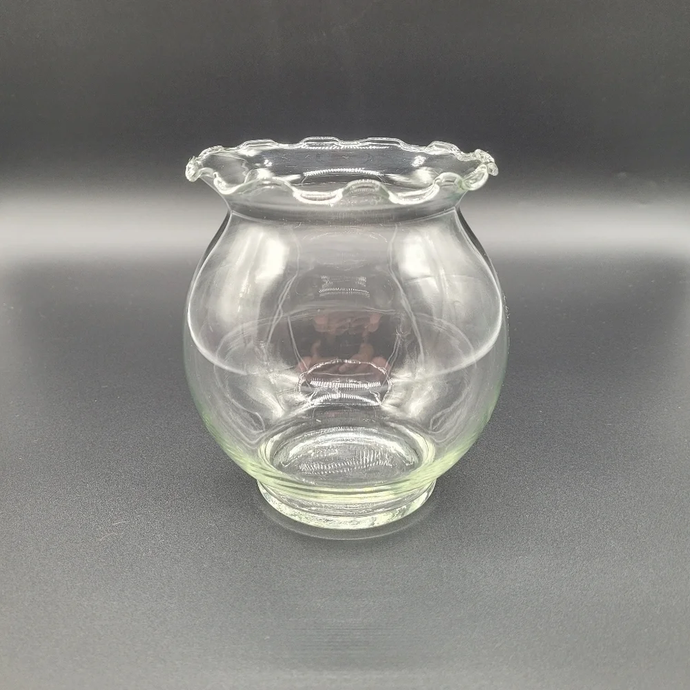 Vintage Indiana Clear Glass Ruffle Top & Ribbed Swirl Clear Glass Rose Bowl Vase